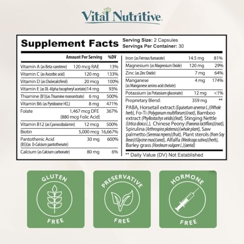 VITAL NUTRITIVE Vital Hair Complex – Biotin & Vitamin B Support for Healthy Hair, Skin & Nails (Men & Women)
