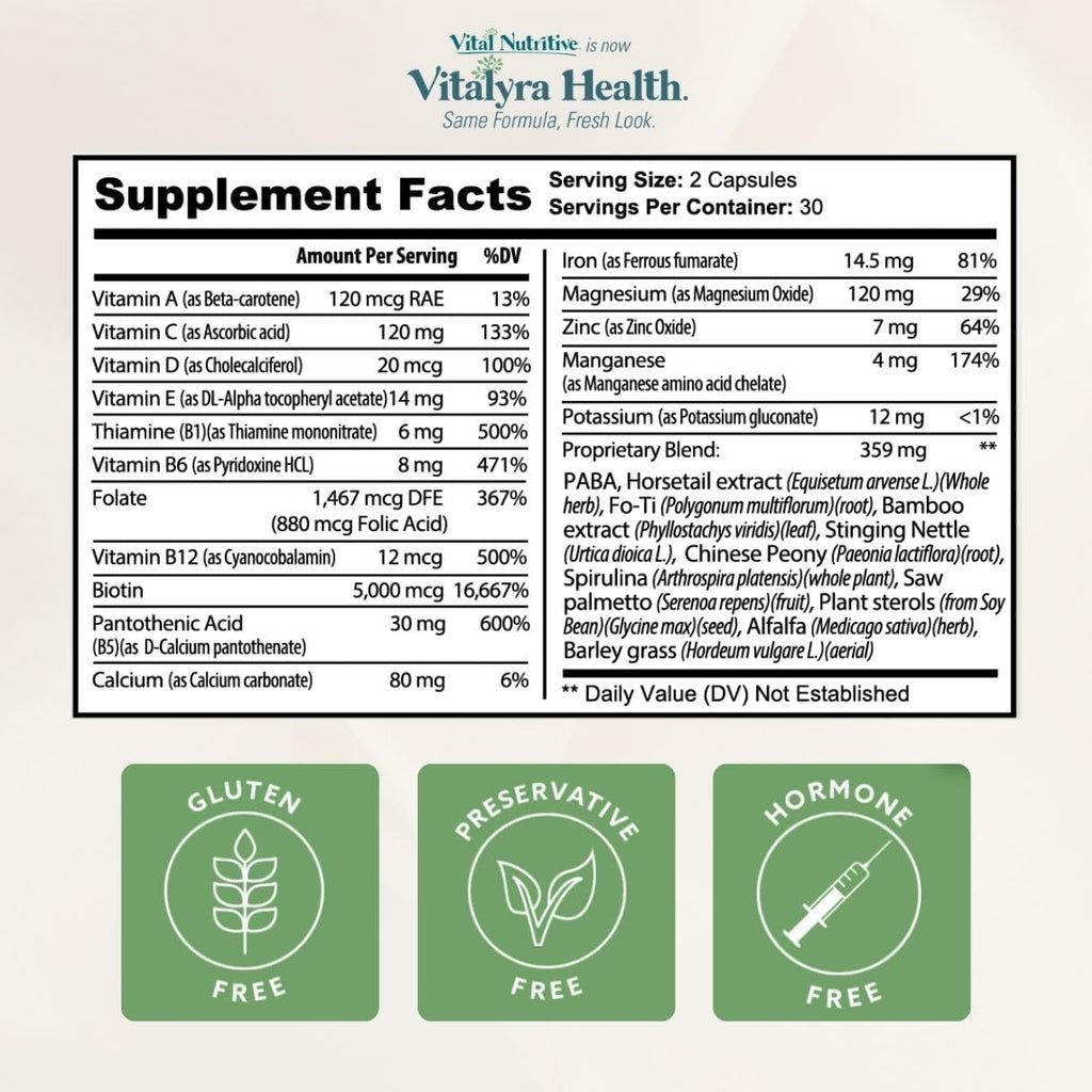 VITAL NUTRITIVE Vital Hair Complex – Biotin & Vitamin B Support for Healthy Hair, Skin & Nails (Men & Women)