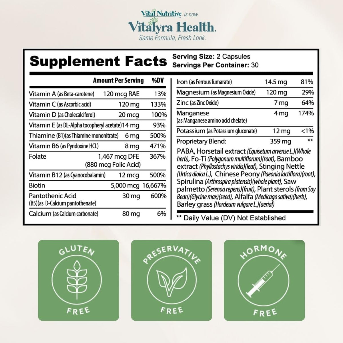 VITAL NUTRITIVE Vital Hair Complex – Biotin & Vitamin B Support for Healthy Hair, Skin & Nails (Men & Women)