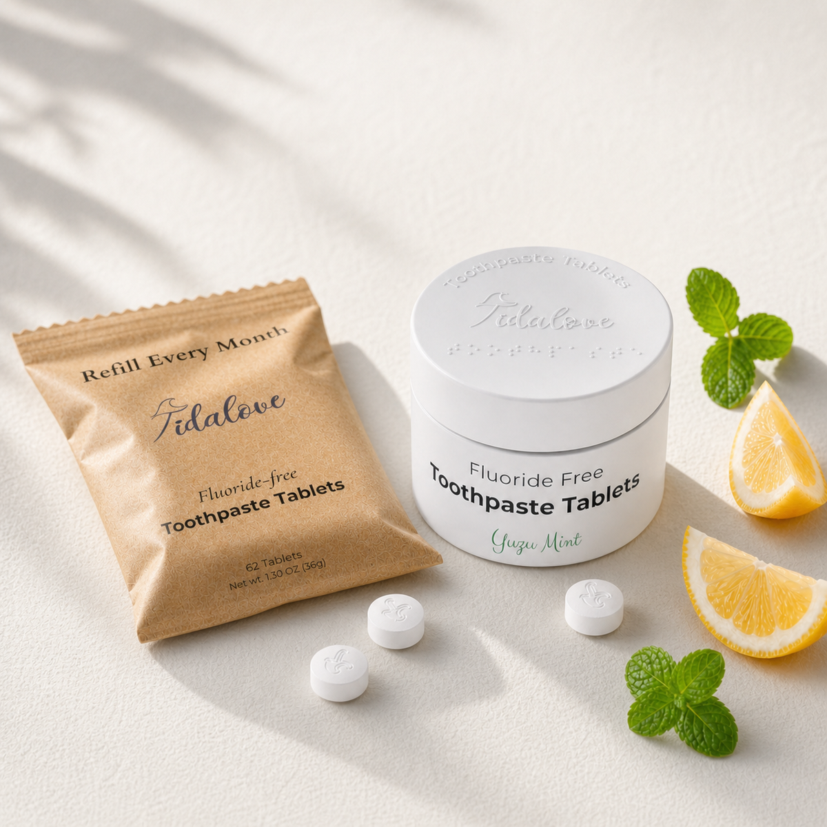 Fluoride-Free Yuzu Mint Toothpaste Tablets – 1-Month Supply | 5% nHAp